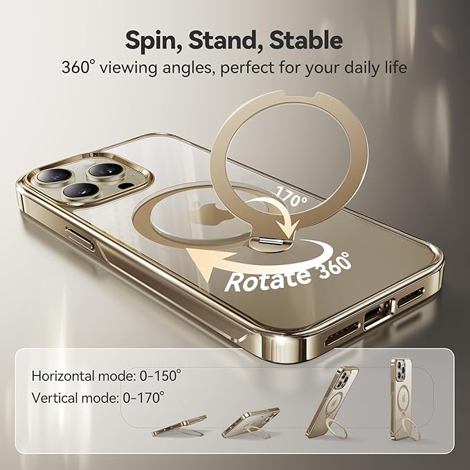 CASEKOO Titanium 360° Rotatable Magnetic Stand for iPhone 15 Pro Case [Compatible with Magsafe][16FT Military Protection] Slim 15 Pro with Kickstand Ring Phone Cover 6.1'', Antique Gold