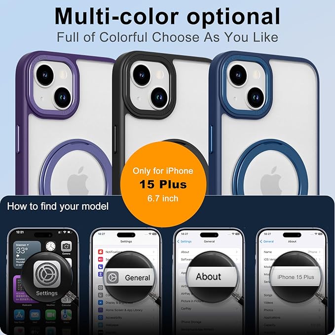 ZIYE Magnetic Case for iPhone 15 Plus Case with Stand [Compatible with MagSafe] Slim Shockproof Military Grade Heavy Duty Cover with 360 Rotatable Ring Kickstand for Women Men, Translucent Purple