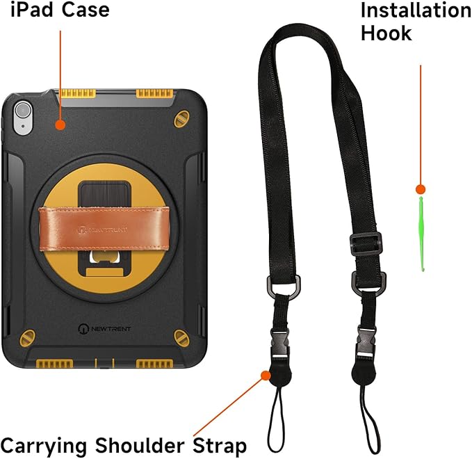 Rugged Case for iPad Air 11 Inch M3 2025/M2 2024 (7th/6th Generation), Built-in Screen Protector/w Genuine Leather Strap, Kickstand, Shoulder Strap (Torque Yellow, for iPad Air 11 7th/6th Gen M3/M2)