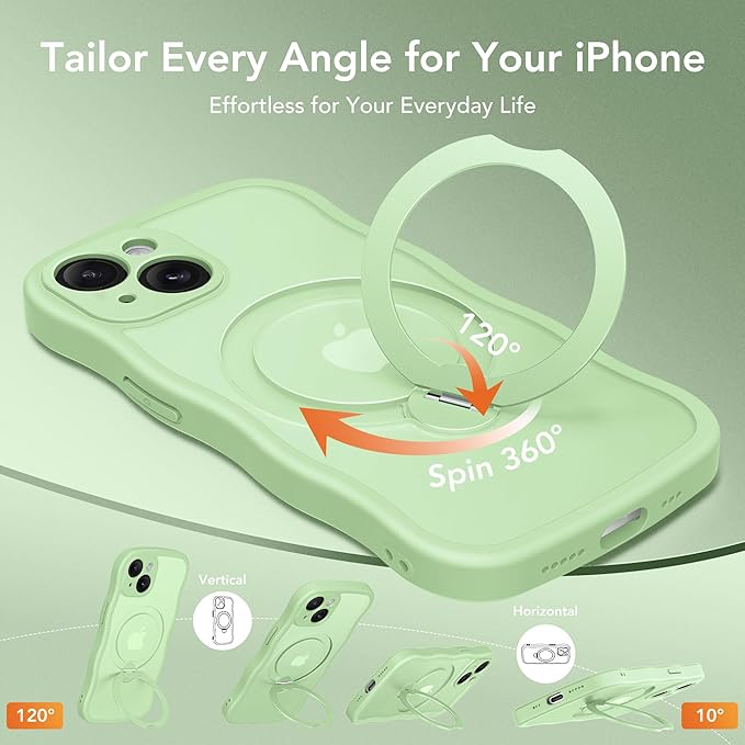GolbinBox for iPhone 15 Case for Women,[Compatible with Magsafe][360° Spin Magnetic Stand][Cute Wave Edge][Military-Grade Protection] Translucent Matte Phone Case for iPhone 15, Mint Green