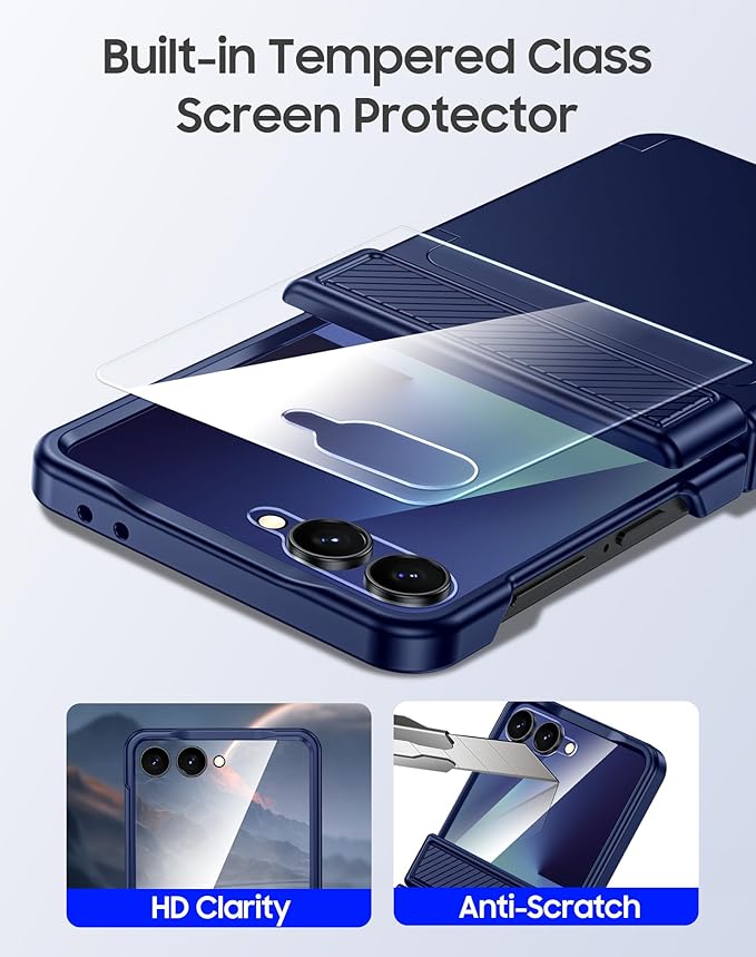 for Samsung Galaxy Z Flip 7 Case Wallet RFID Card Holder&Hinge Protection&HD Screen Protector, Full Body Shockproof Cover for Galaxy Z Flip 7(Blue)