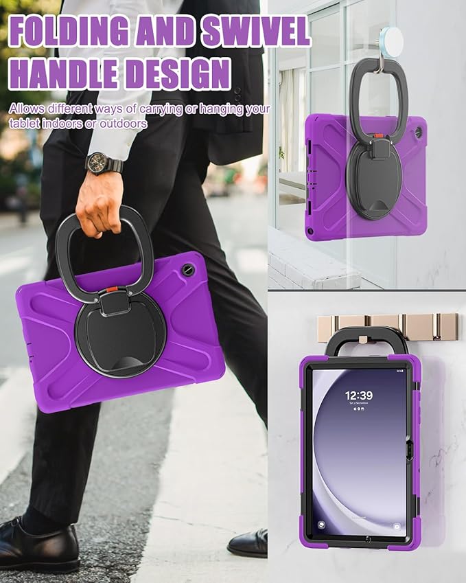 BRAECN Case for Samsung Galaxy Tab A9+/ A9 Plus 11 Inch 2023 SM-X210/X216/X218 with Screen Protector, Rotating Handle Grip, Shoulder Strap, Silicone Heavy Duty Case for Galaxy A9 Plus Tablet, Purple