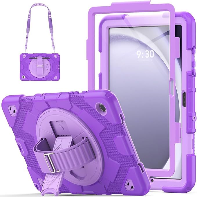 HXCASEAC Case for Samsung Galaxy Tab A9 Plus/A9+ 11 Inch with Screen Protector/Adjustable Hand Strap/Pen Holder, 3-Layer Drop Proof SM-X210/X216/X218 - Purple