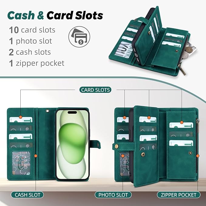 TwoHead Wallet Case Compatible with iPhone 15 Plus,Detachable Magnetic Phone Case,All-Round Shockproof Protective Leather Phone Case with Card Holder,6.7 in,Green