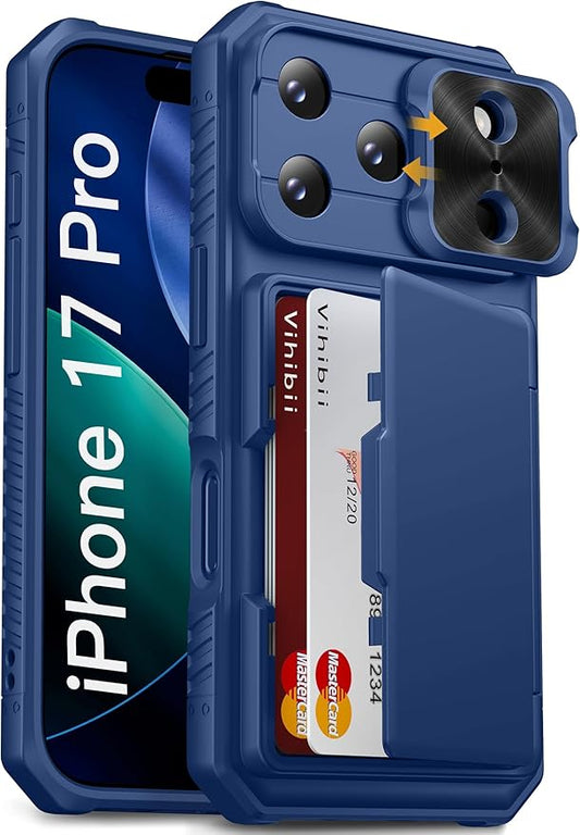Vihibii for iPhone 17 Pro Wallet Case with Card Holder (4 Cards) [RFID Blocking] & Slide Lens Cover & Raised Edges Protect Screen, Shockproof Rugged Phone Cover Case for iPhone 17 Pro 6.3" 2025, Blue