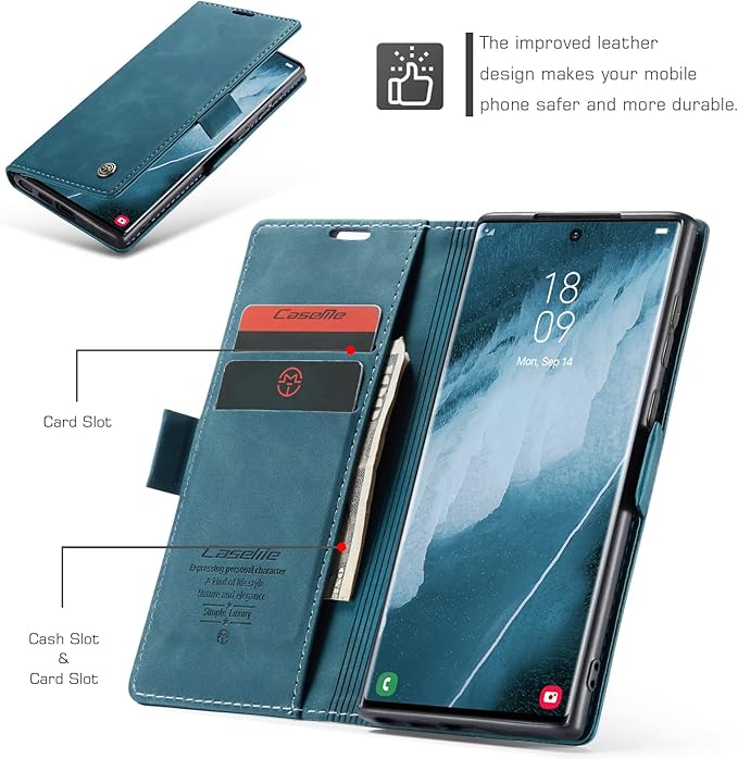 for Samsung Galaxy S22 Ultra Case, Flip Wallet Leather Case with Card Holder Magnetic Closure Shockproof Kickstand Protective Phone Cases Cover for Samsung S22 Ultra,Blue-Green