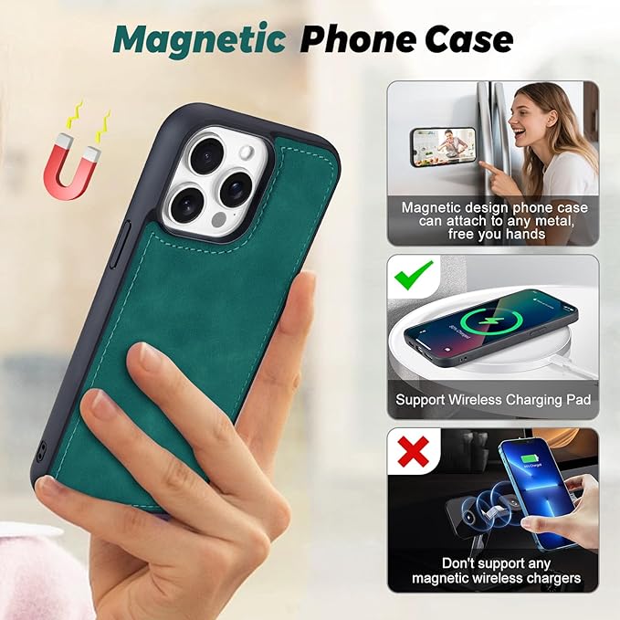 TwoHead Wallet Case Compatible with iPhone 15 Pro Max,Detachable Magnetic Phone Case,All-Round Shockproof Protective Leather Phone Case with Card Holder,6.7 in,Green