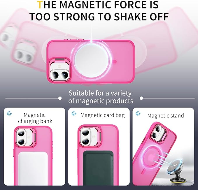 for iPhone 16 Case Pink iPhone 16 Case with Stand, Supports Wireless Charging,[Compatible with MagSafe Accessories],[Military-Grade Protection] Magnetic Case for iPhone16, Pink