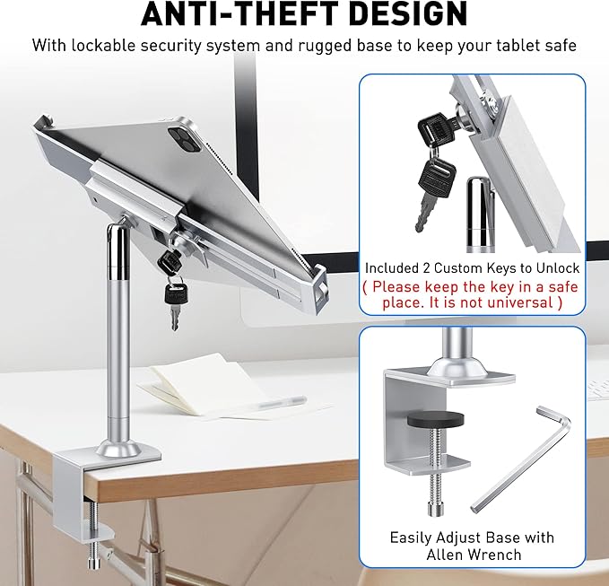 AboveTEK Anti Theft Locking Tablet Stand Holder - 360/320 POS Swivel - Lockable Tablet Security Stand Lock, Desktop Table Clamp Mount Fits 7 to 11 Inch iPad Fire Microsoft Galaxy Tab Google (Silver)