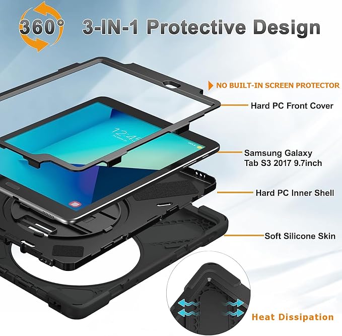 DreamerX for Samsung Galaxy Tab S3 9.7 Case T820/T825/T827, Heavy Duty Rugged Full Body Drop Protective Silicone Cover for Kids with Rotating Stand Handle Hand Strap Carrying Shoulder Strap, Black