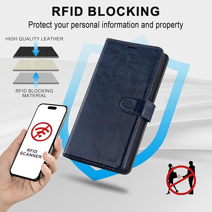 MONASAY Wallet Case Compatible for Galaxy S23 Ultra 5G,[RFID Blocking] Flip Folio Leather Cell Phone Cover with Credit Card Holder, 6.8 inch, Blue