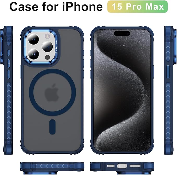 Magnetic for iPhone 15 Pro Max Case Blue with MagSafe Wireless Charging Heavy Duty Military-Grade Shockproof Protection Adjustable Kickstand Slim Matte Anti-Fingerprint Cover Men Women
