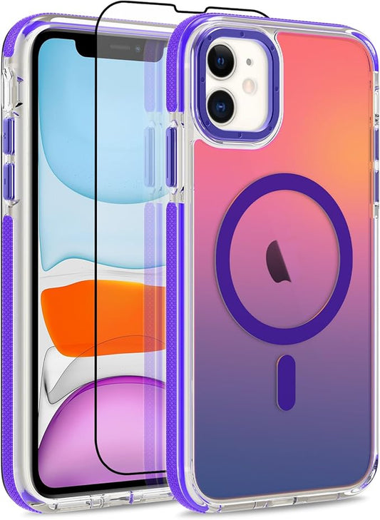 MOWIME Magnetic Case for iPhone 11 [Compatible with Magsafe] [Cute Fashion Fluorescent Design] [1 Screen Protector] Slim Translucent Matte Case for iPhone 11 6.1", Purple
