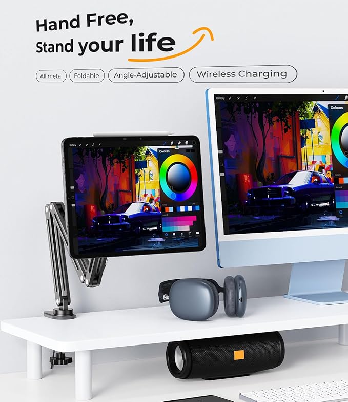 Magnetic Wireless Charging Stand for iPad Pro 12.9, iPad Air 13 M2, Foldable Adjustable Arm Mount with 2M Cable, Aluminum Alloy Tablet Holder for iPad Pro 12.9 3rd/4th/5th/6th