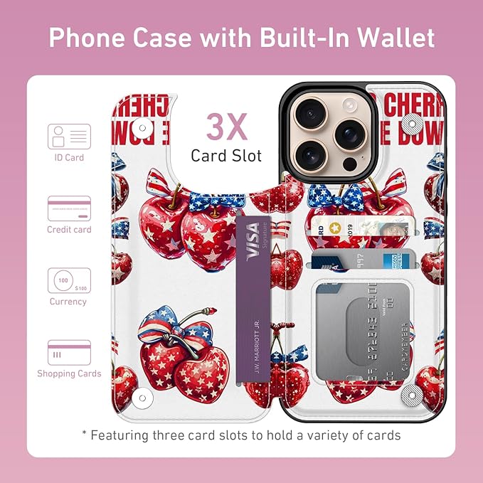 FUNMIKO for iPhone 16 Pro Wallet Case with Card Holder, RFID-Blocking, Military-Grade Protection & UV-Printed Artwork, Magnetic Closure with Leather Kickstand - Cherries with Bow