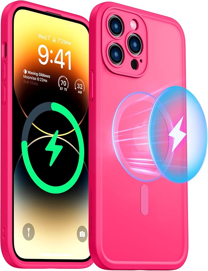 ImpactStrong Magnetic Guard Designed for iPhone 14 Pro Max Case [Camera Protection] [Military Grade Drop Tested] [Compatible with MagSafe] Slim Translucent Matte Phone Case (6.7") - Hot Pink