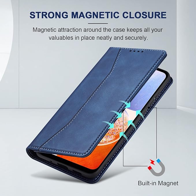 Jasonyu Flip Wallet Case for Samsung Galaxy A14 5G/4G,Leather Magnetic Folio Cover with Card Holder,Kickstand - TPU Shockproof Durable Protective Phone Case,Blue