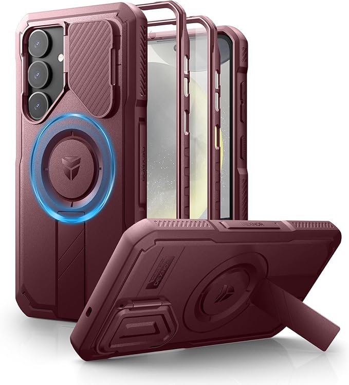 Dexnor for Samsung Galaxy S25 Plus Case with Camera Cover & Adjustable Kickstand & Built-in Screen Protector, Magnetic Rugged Shockproof Bumper Cases Heavy-Duty Protective Cover (2025),Maroon Red