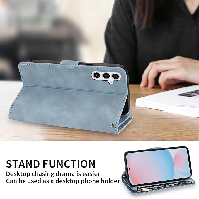 ZZXX for Samsung Galaxy S24 FE Wallet Case with RFID Blocking Card Slot PU Leather Zipper Flip Folio with Strap Kickstand Protective Cover for Galaxy S24 FE Case Wallet(Light Blue-6.7 inch)