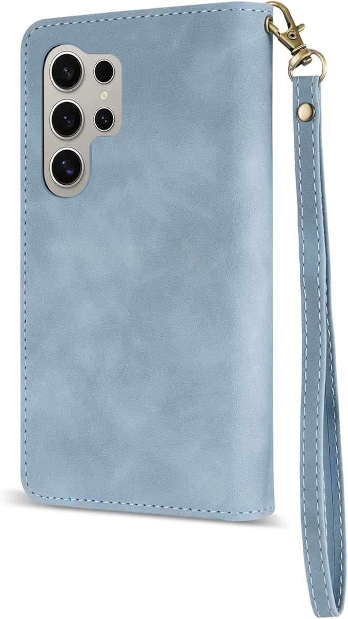 ZZXX for Samsung Galaxy S24 Ultra Wallet Case with RFID Blocking Card Slot PU Leather Zipper Flip Folio with Strap Kickstand Protective Cover for Galaxy S24 Ultra Case Wallet(Light Blue-6.8 inch)