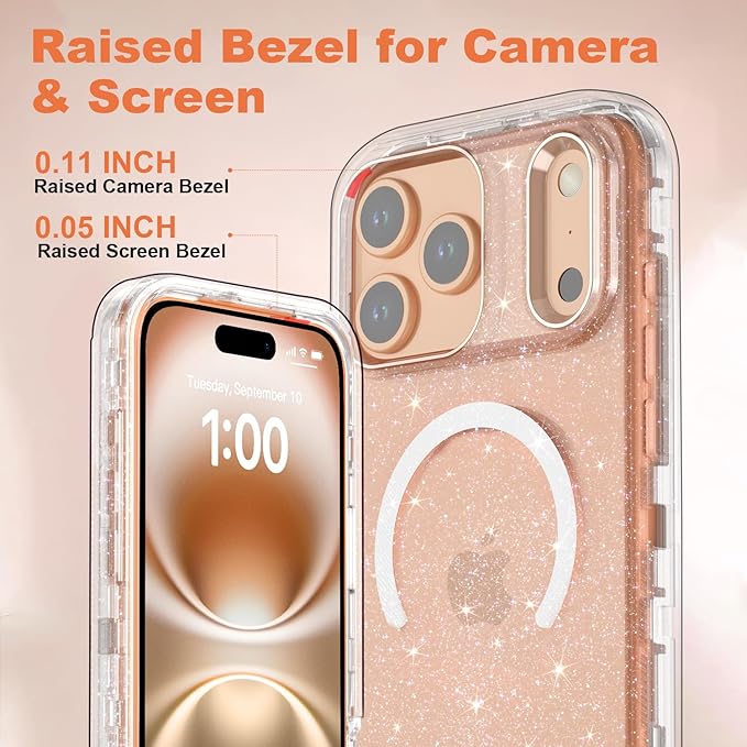 Designed for iPhone 17 Pro Max Case,[Compatible with Magsafe] [Non-Yellowing] [Without Screen Protector] Shockproof/Dust/Drop Proof 3-Layer Full Body Protection Rugged Heavy Duty Cover, Clear Glitter
