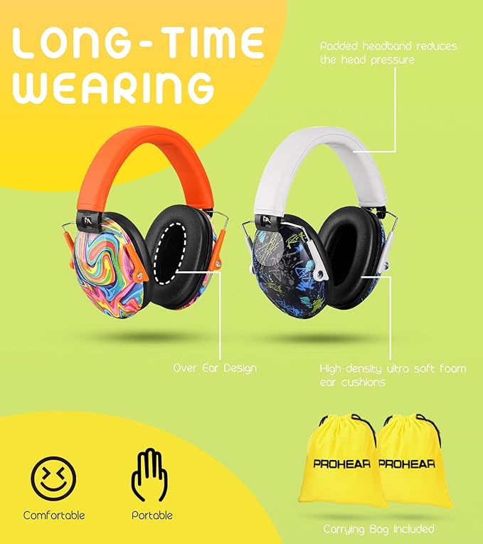 PROHEAR 032 2 Pack Kids Ear Protection, NRR 25dB Childrens Earmuffs, Adjustable Headband Safety Ear Muffs for Sports Events, Concerts, Airports - Orange & White