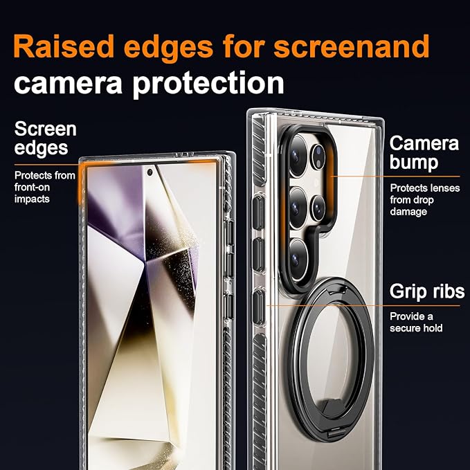 for Samsung Galaxy S24 Ultra Case,Compatible with Magsafe,with 360°Rotatable Magnetic Ring Stand [Wireless Charging], Clear Slim Soft Edge Phone Kickstand,Clear & Black