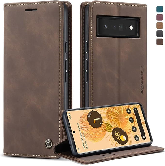 for Google Pixel 6 Pro Case, Flip Wallet Leather Case with Card Holder Magnetic Closure Shockproof Kickstand Protective Phone Cases Cover for Google Pixel 6 Pro,Coffee