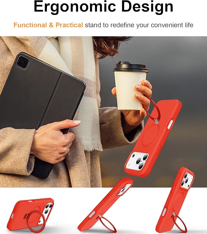 ZHK Liquid Silicone Designed for iPhone 17 Pro Case with Magnet Stand, [Precise Camera Lens Protection][Mil-Grade Drop Shockproof][Soft Anti-Scratch Microfiber Lining] Slim Fit Cover, Red