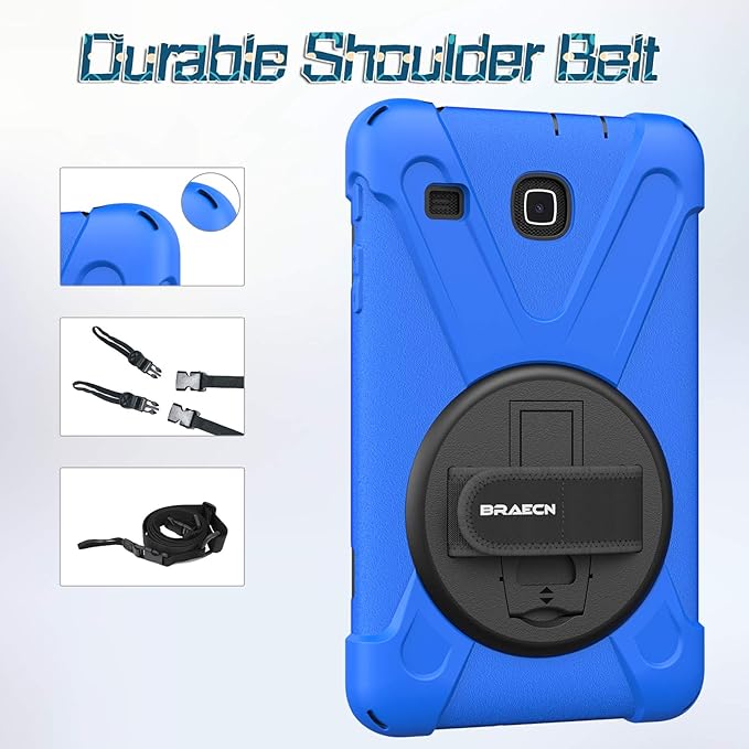 BRAECNstock Samsung Galaxy Tab E 8.0 Case (SM-T375/T377/T378), Heavy Duty Shockproof Protective Cover with 360° Stand&Hand Strap,Shoulder Strap,Samsung SM-T377A/T377V/T378V Tablet Case for Kids,Blue