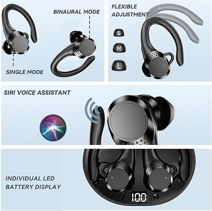 AX9 Pro Wireless Over Ear Earbuds 10H Single Playtime with Power Display, IPX6 Waterproof Wireless Earbuds Running Comfortable Premium Sound Gym Headphones (Black)