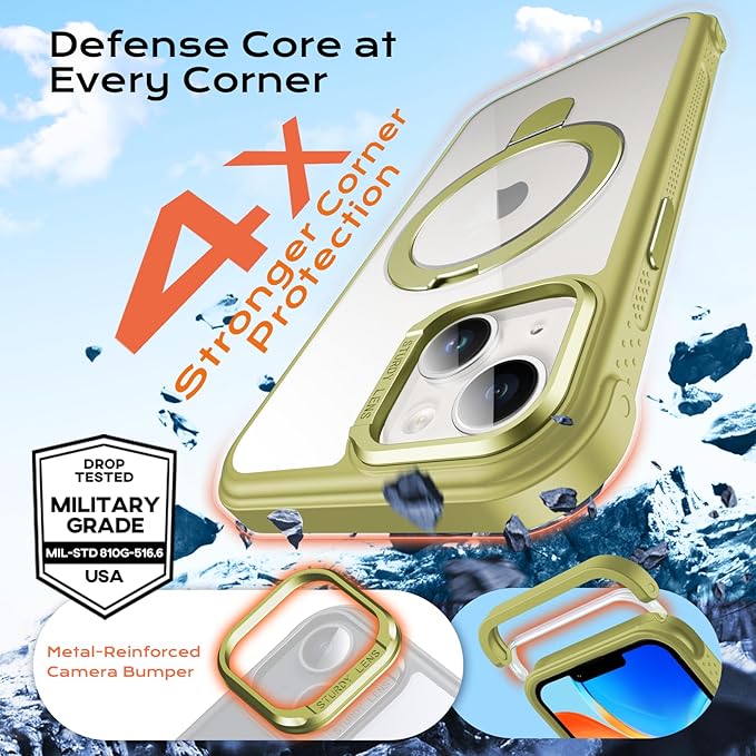 Anqrp O-Ring Magnetic Kickstand Clear Case for iPhone 14/13, Compatible with Mag-Safe, Military-Grade Reinforced 4-Corners Anti-Yellowing Transparent Phone Case Cover for iPhone 13/14, Green