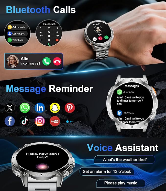 Smart Watches for Men Answer/Make Call, 1.62" AMOLED/730mAh Battery/LED Flashlight Military Smartwatch, 110+ Sports Modes IP68 Waterproof Fitness Tracker for Android iOS Silver