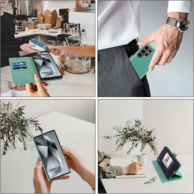 MONASAY Wallet Case Fit for Samsung Galaxy S24 Ultra 5G，[Lens & Glass Screen Protector] [RFID Blocking] Flip Folio Leather Cell Phone Cover with Credit Card Holder, 6.8 inch, Mint