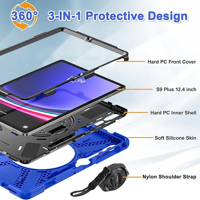 BRAECNstock Case for Samsung Galaxy Tab S10+ Plus/ S9 FE+ Plus/ S9+ Plus/ S8+ Plus/ S7 FE/ S7+ Plus 5G 12.4 inch Shockproof Protective Kids Cover with Pen Holder Rotating Hand Strap & Stand - Blue