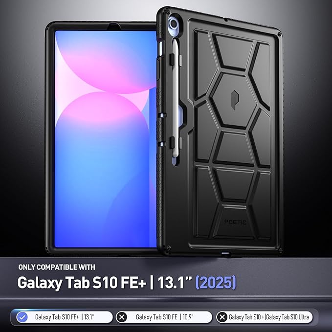 Poetic TurtleSkin Case for Samsung Galaxy Tab S10 FE Plus (2025 Release) 13.1 inch Case with S Pen Holder, Heavy Duty Shockproof Kids Friendly Protective Silicone Cover, Black