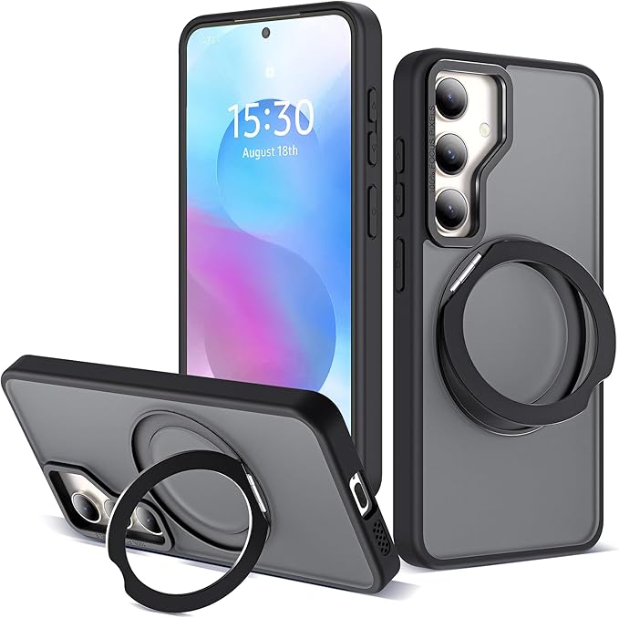 for Samsung Galaxy S25 Plus Case with 360°Rotatable Magnetic Ring Stand Compatible with Mag-Safe Military Protection Shockproof Matte Translucent Phone Cases for Galaxy S25+,Black