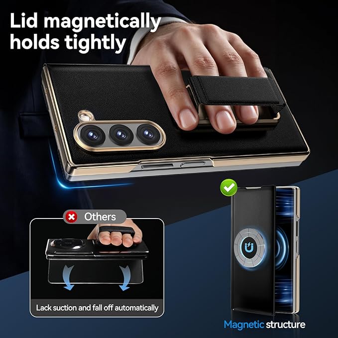 for Samsung Galaxy Z Fold 6 Case with Kickstand,【Military Grade Drop Protection】 【Hinge Protection】, Anti-Scratch Full Body Cover Shockproof Leather Phone Case for Z Fold 6 Case, Black