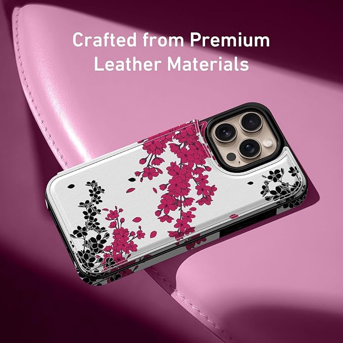 FUNMIKO for iPhone 16 Pro Wallet Case with Card Holder, RFID-Blocking, Military-Grade Protection & UV-Printed Artwork, Magnetic Closure with Leather Kickstand - Dramatic Blossom Drift