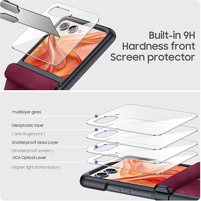 for Motorola Razr 2024 Case/Razr 2025 Case, Built-in Screen Protector & Hinge Protection & Ultra Thin PU Leather Matte PC Shockproof Phone Cover Smartphone Case for Moto Razr 2024/2025(Red)