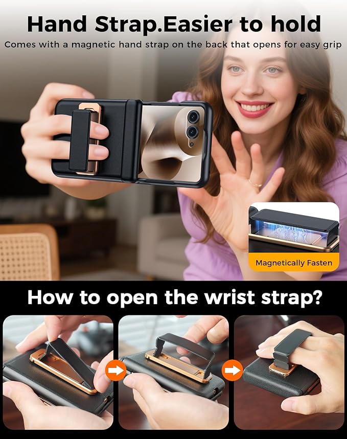 for Motorola Razr Ultra 2025 Case, Built-in Screen Protector & Hinge Protection & 360° Spin Stand & Hand Strap, Ultra Thin Genuine Leather Shockproof Phone Case for Razr Ultra 2025(Black)