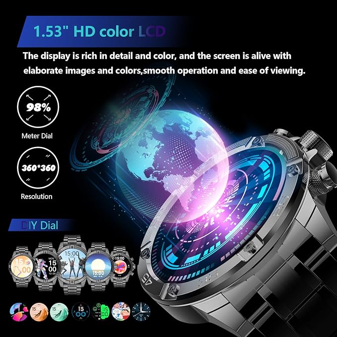 Smartwatch for Men 1.53-Inch Luxury Business Sports & Fitness Men's Watch, IP67 Water Resistant, 440mAh Extended Standby, Multi-Sport Mode and Monitor, Supports IOS 8.0 and Android 4.4 (Steel Black)