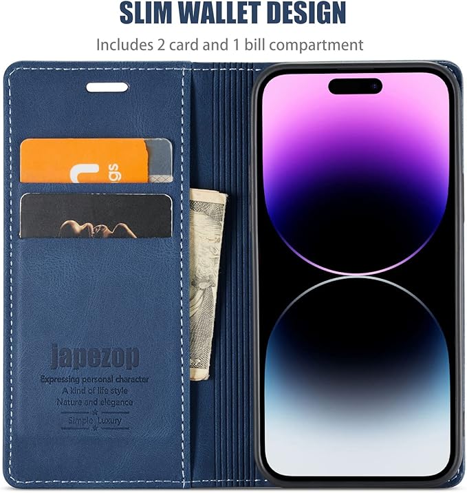 japezop Compatible with iPhone 14 Pro Max Wallet Case with [RFID Blocking] Card Holder Kickstand Magnetic,Leather Flip Case Wallet for iPhone 14 Pro Max 5G 6.7 Inch (Blue)