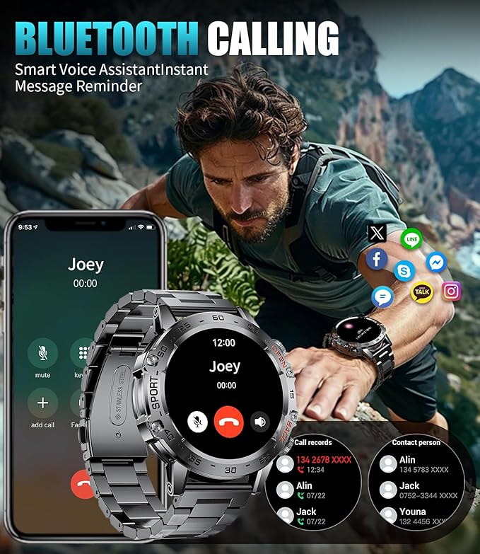 Military Smart Watch for Men(Answer/Dial Calls),1.45'' AMOLED/100 Sports Modes, 5ATM Waterproof Fitness Watch with Heart Rate/SpO2/Sleep Tracker for Android and iOS,530MAH Smartwatch Black Steel