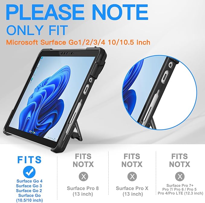 BRAECNstock Case for Microsoft Surface Go 4 (2023) Go 3 (2021) Go 2 (2020) Go (2018) Rugged Protective Kids Case with [Rotating Hand Strap+Stand], Compatible with Type Cover Keyboard, Black