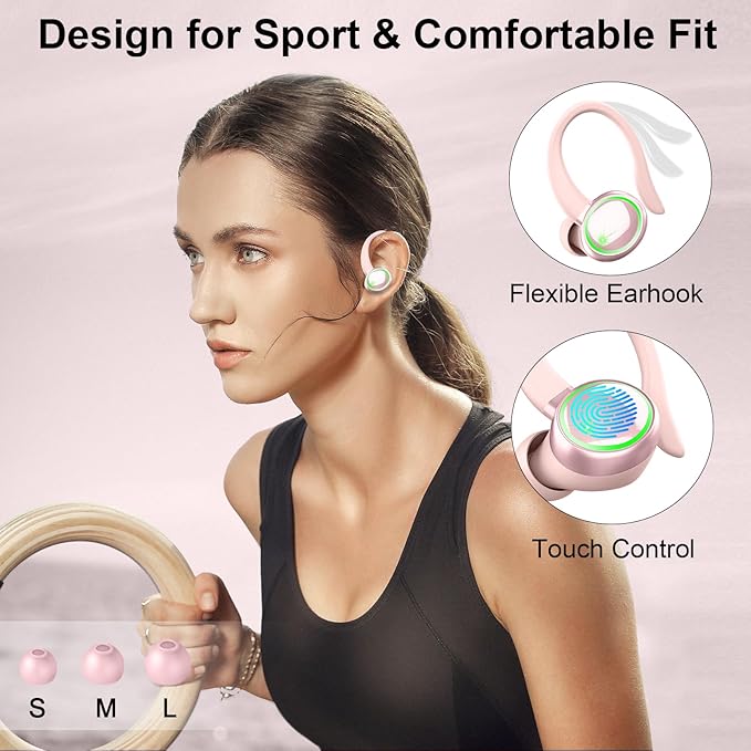 Wireless Earbuds, Bluetooth 5.4 Headphones Sports, 50H Playback Over-Ear Buds with ENC Noise Cancelling Mic, Deep Bass Fitness Earphones with Earhooks, IP7 Waterproof Headset for Workout Rose