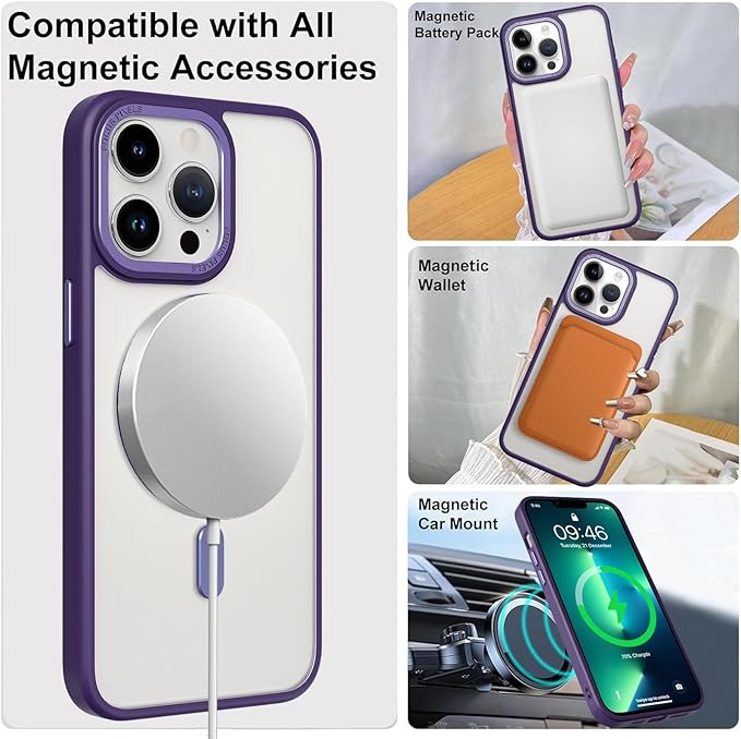 ZIYE Magnetic Case for iPhone 13 Pro Max Case with Stand [Compatible with MagSafe] Slim Shockproof Military Grade Heavy Duty Cover with 360 Rotatable Ring Kickstand for Women Men, Translucent Purple