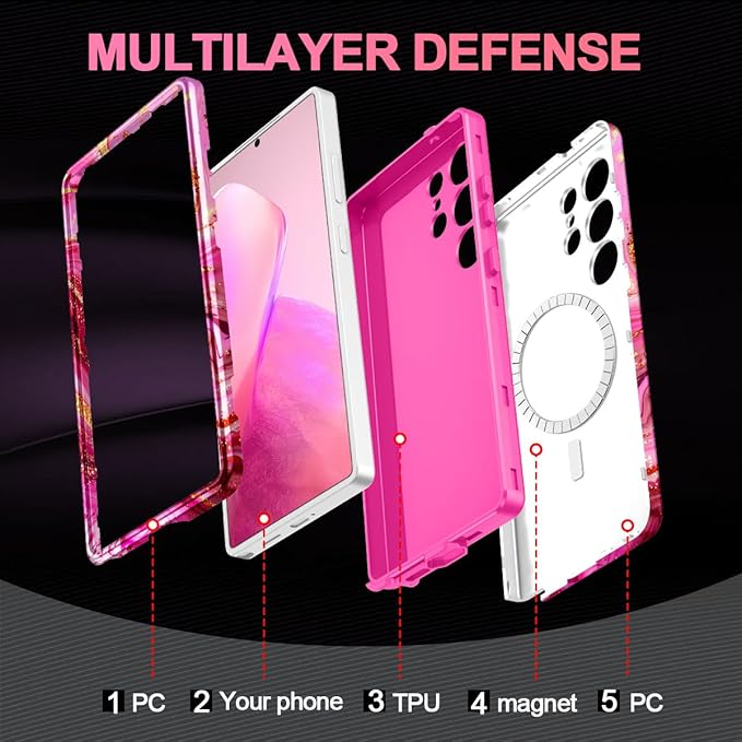 Casetego for Galaxy S25 Ultra Case,Compatible with MagSafe,[Military Grade Drop Test] Full Body Protection Slim Shockproof Rugged Marble Women Case for Samsung Galaxy S25 Ultra 6.9 inch,Red