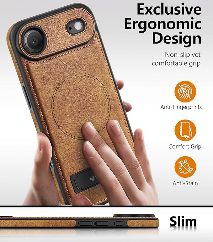 Magnetic for iPhone Air Leather Case,Built-in Invisible Stand [Compatible with Magsafe] Protective Slim Kickstand Phone Cover for iPhone Air Case, (Brown)