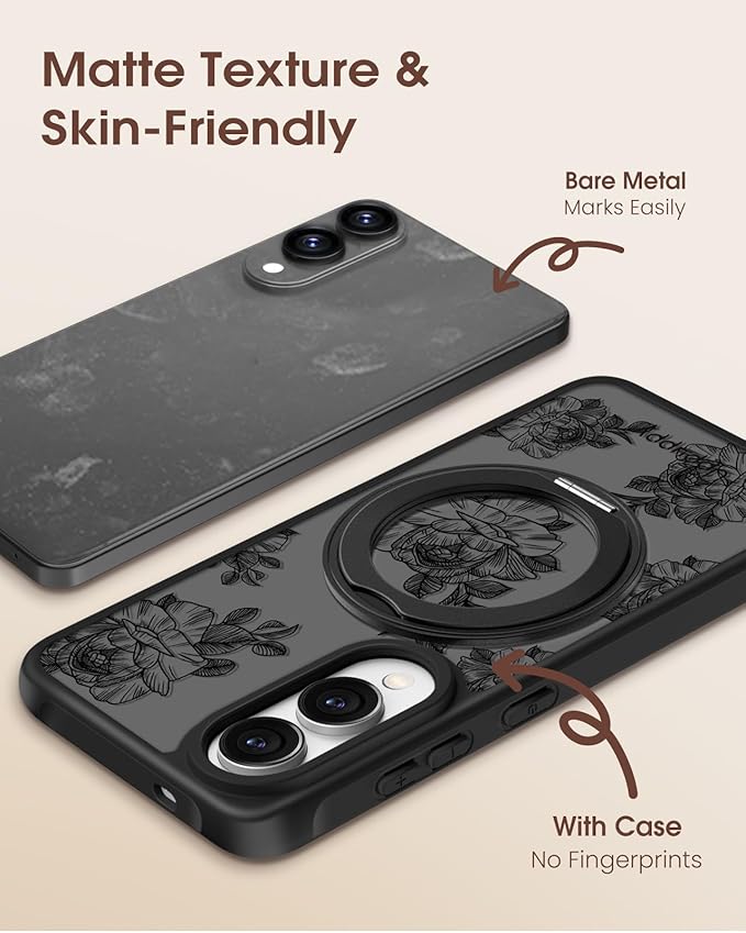for Samsung Galaxy S25 Edge Case with 360° Rotatable Magnetic Ring - Compatible with MagSafe, Semi-Transparent Soft-Touch Material Shockproof, Cute Line Art Flower Design for Women Girl